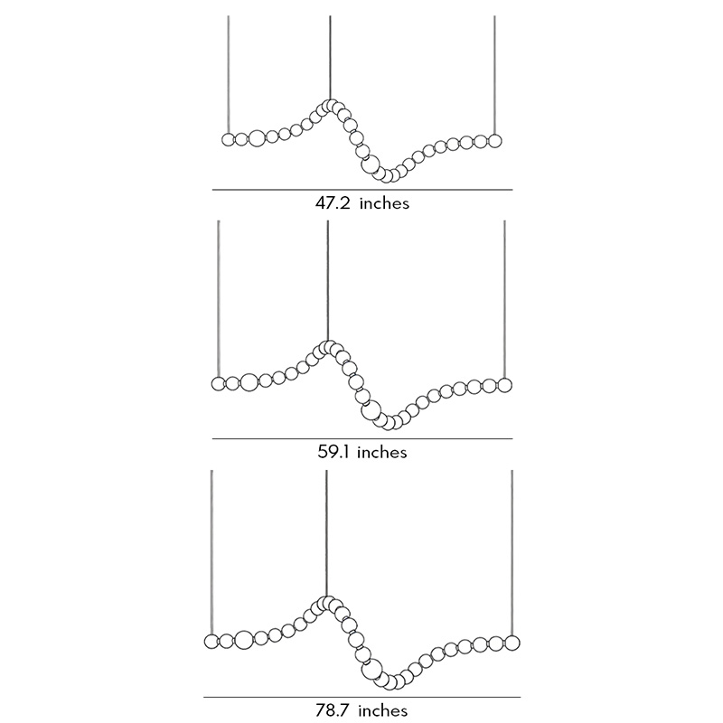 Product size diagram of three different shapes of pearl necklace light fixture.