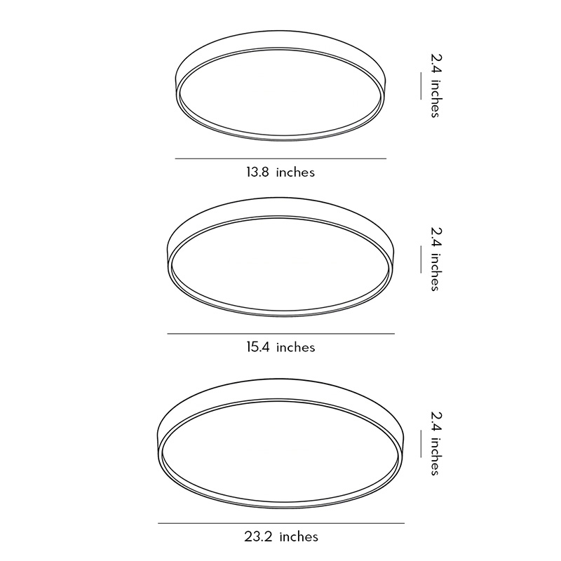 Detailed dimensions of three different sizes of moon ceiling light product.