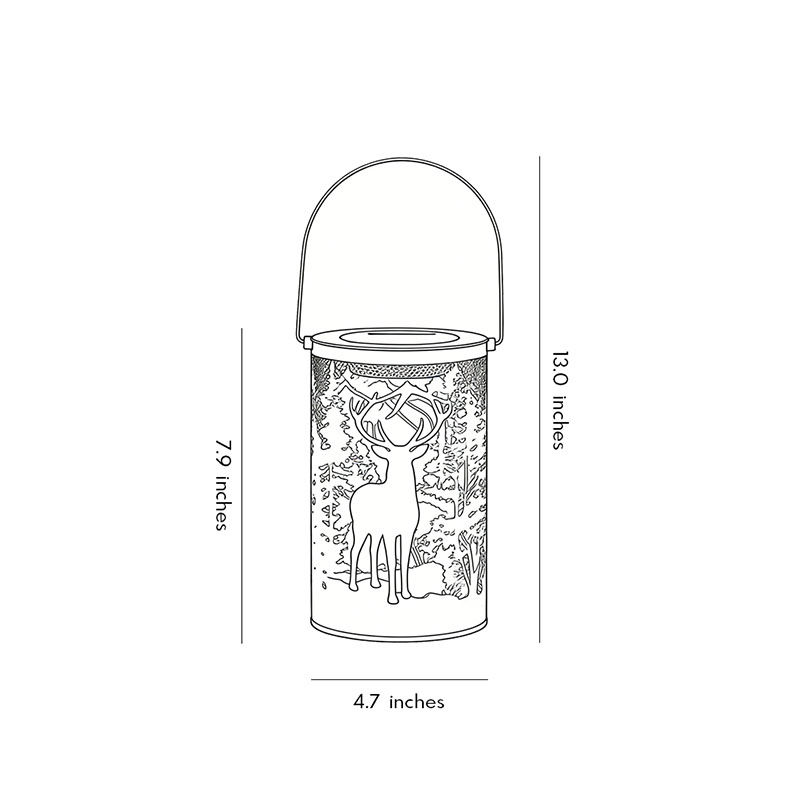 Product size diagram for solar hollow out lantern 7.9inch by 4.7inch by 13.0inch.