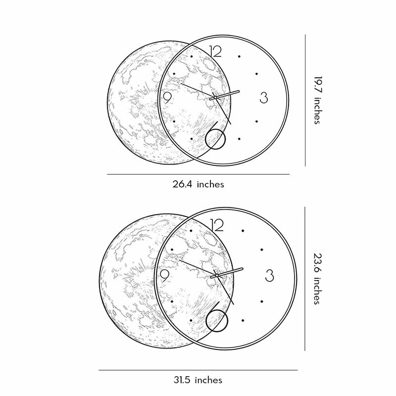 Product size diagrams of two different sizes of moon wall clock lights.