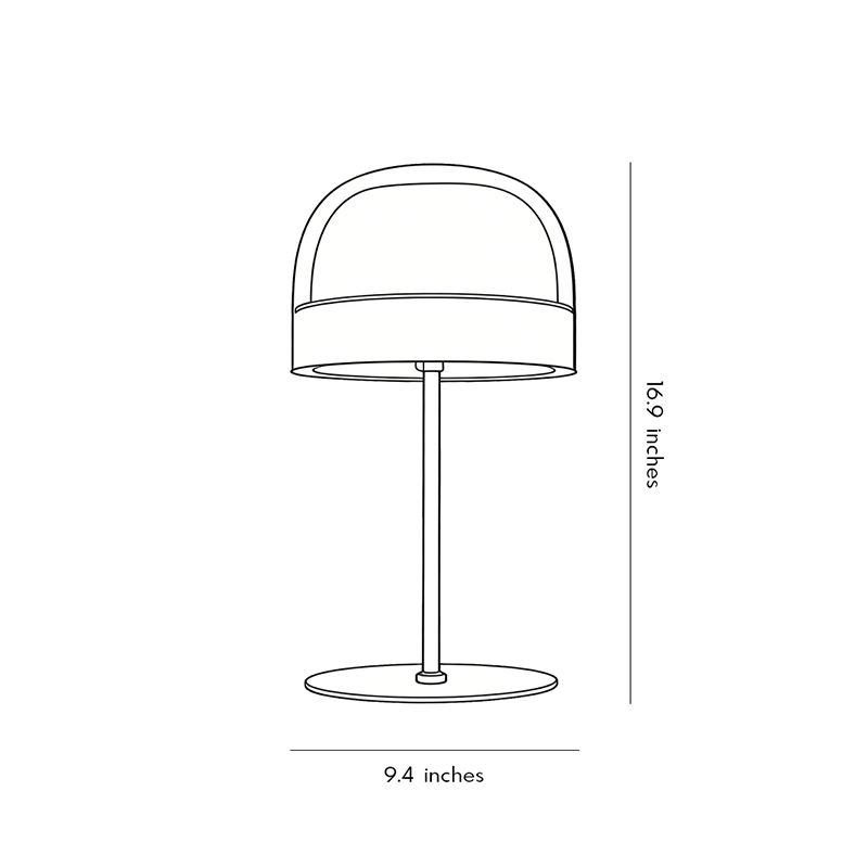 Product size diagram of glass mushroom table lamp 9.4inch by 16.9inch.
