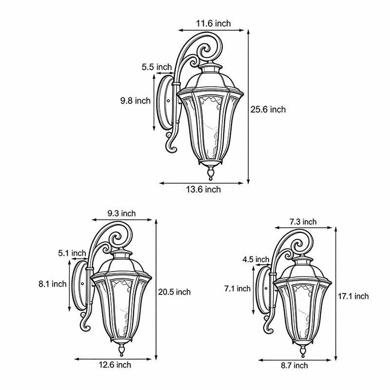 Product size diagrams of three different sizes of wall sconce lanterns.