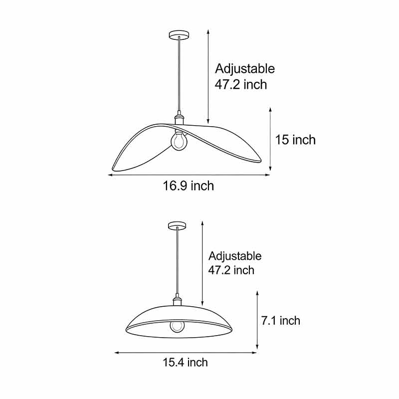 Product size diagram for two different sizes of curved wood pendant lights.