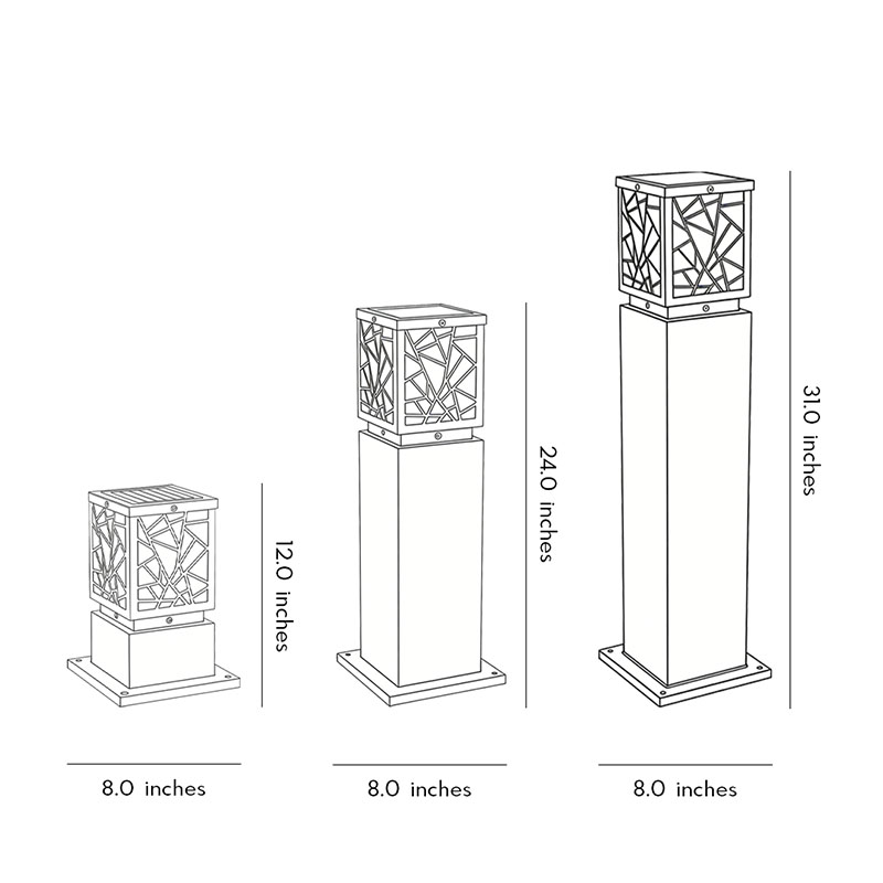 Detailed dimensions of three different sizes of solar bollard path lights.