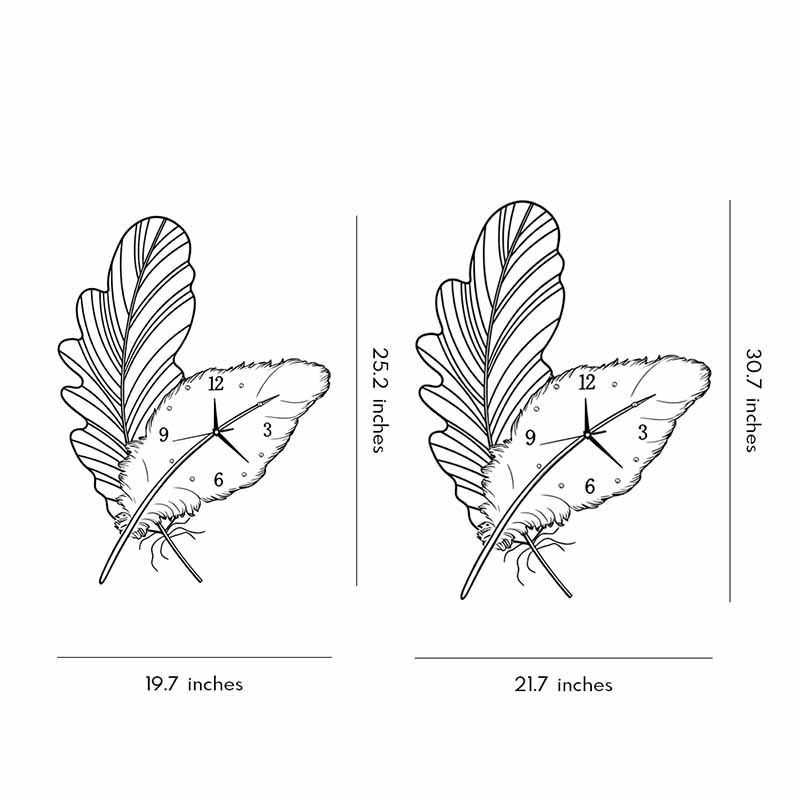 Product size diagrams for two different sizes of feather wall clocks.