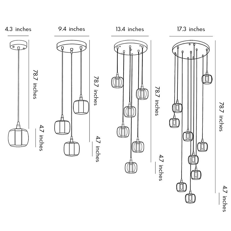 Product size diagram of three different shapes of staircase crystal chandelier.