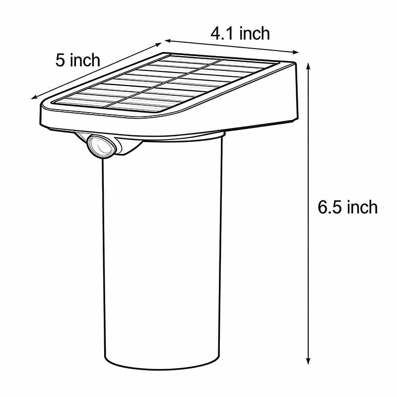 Product dimension diagram of solar wall lamp with motion sensor 5inch * 6.5inch *4.1inch.