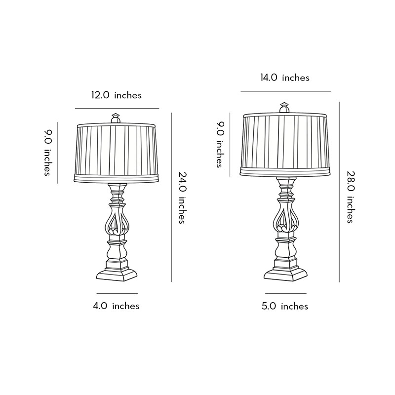 Product size charts for two different sizes of vintage wood table lamp.