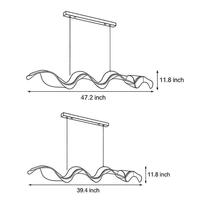 Product size diagram of two different shapes of ribbon pendant light.