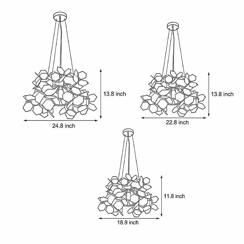 Size charts for three different shapes of the black geometric chandelier product.