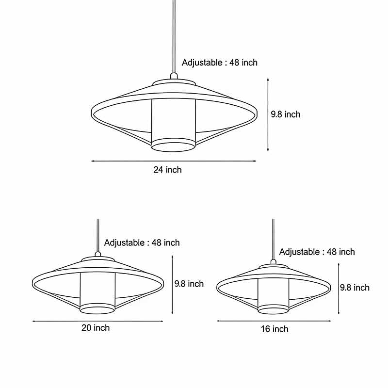 Product size chart for Black Rattan Pendant Light in three different sizes.
