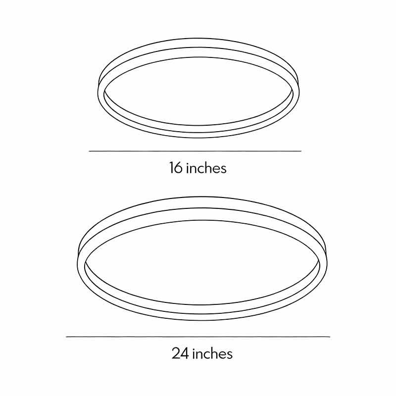 Product size diagrams for two different shapes of flush mount ring lights.