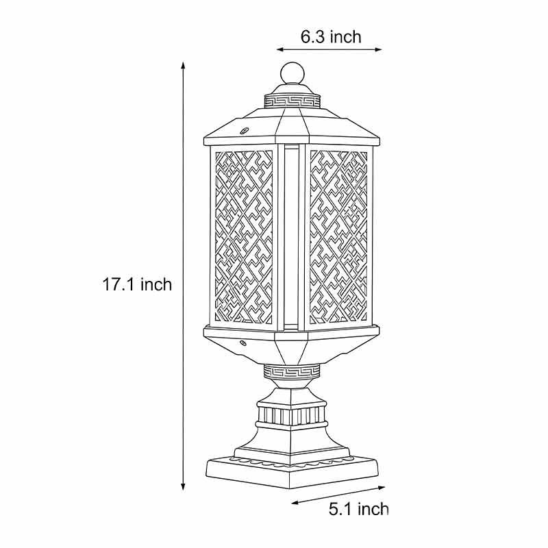 Product size diagrams for modern outdoor pillar lights 5.1inch * 17.1inch 6.3inch.