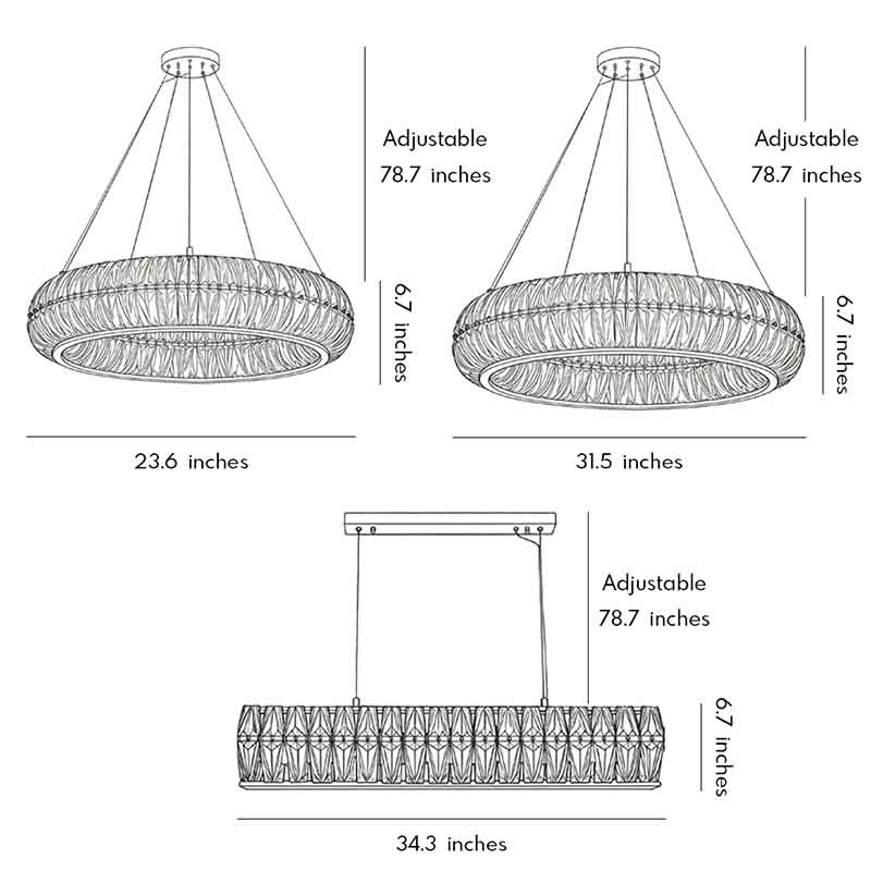 Product size diagram of three different shapes of crystal ring chandelier.