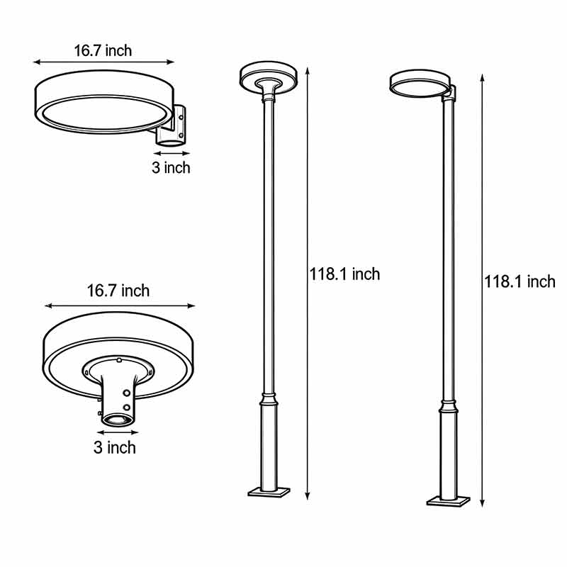 Size chart of two different shapes of led pole lights.