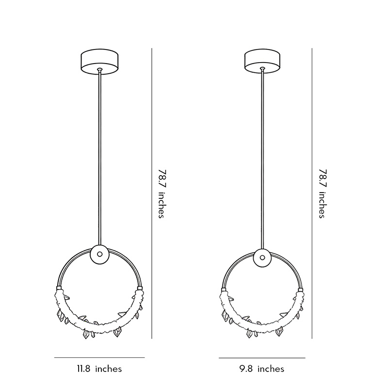 Size charts of two different shapes of the mini crystal ring pendant light.