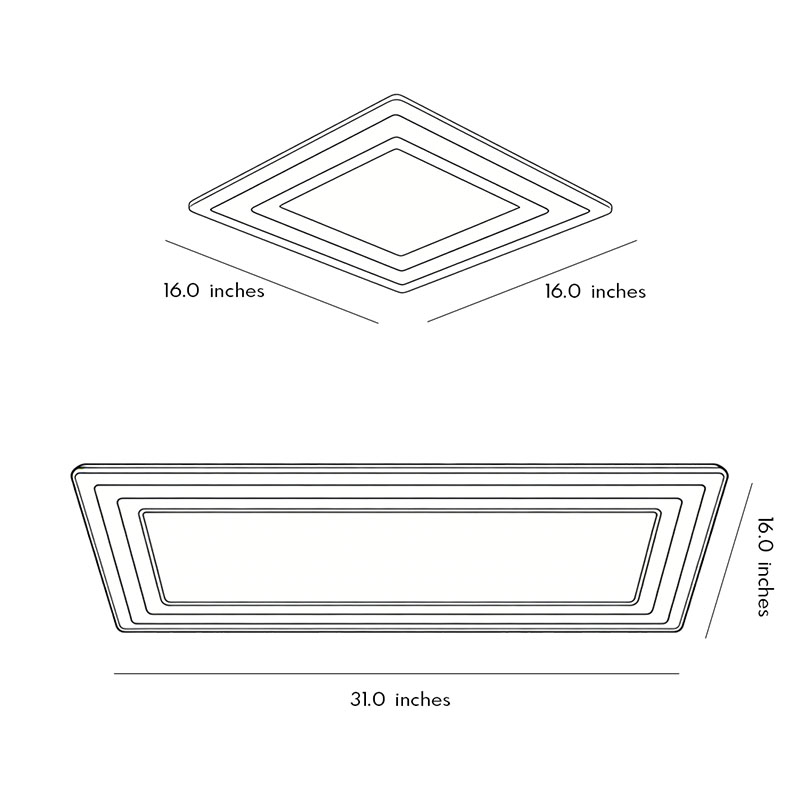 Product size diagrams for two different shapes of square flush mount lights.