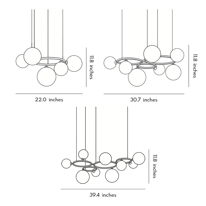 Size chart of three different shapes of opal glass globe chandelier products.