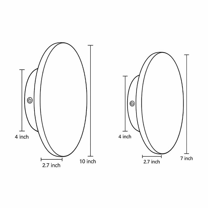 Product size diagrams for two different sizes of round exterior wall lights.