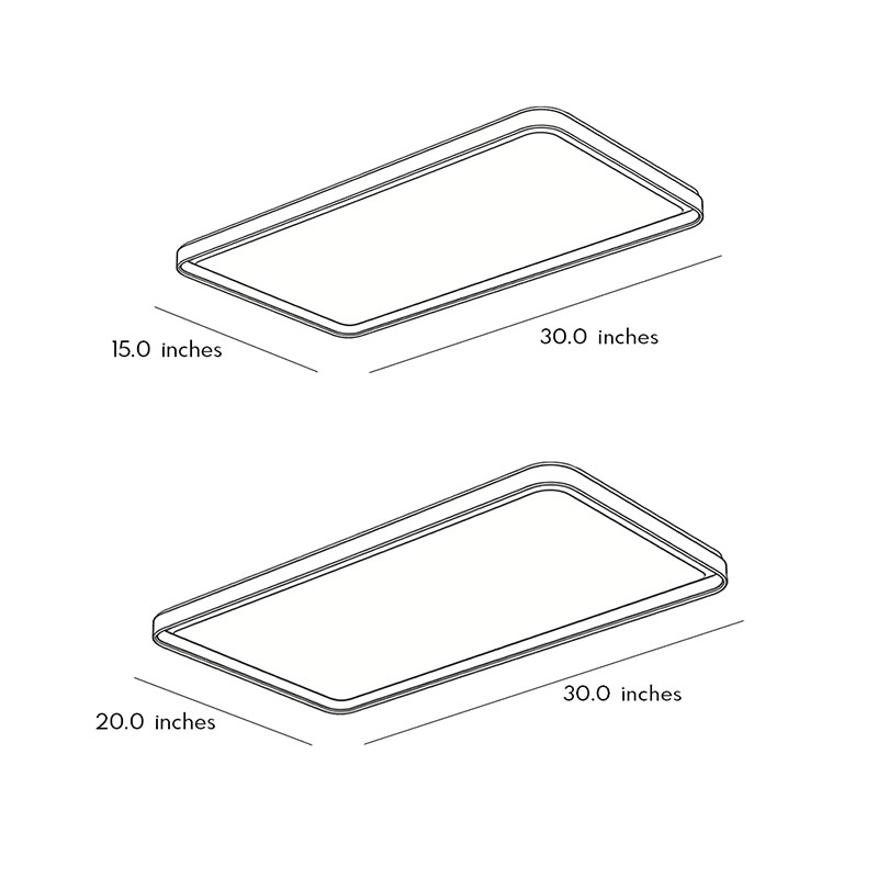 Product size diagrams for two different sizes of rectangular flush mount ceiling lights.