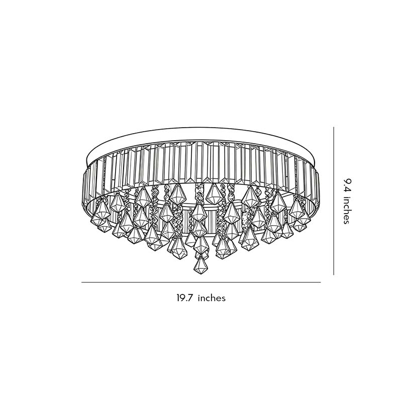 Black and white size chart of the gold crystal flush mount light 19.7inch * 9.4inch.