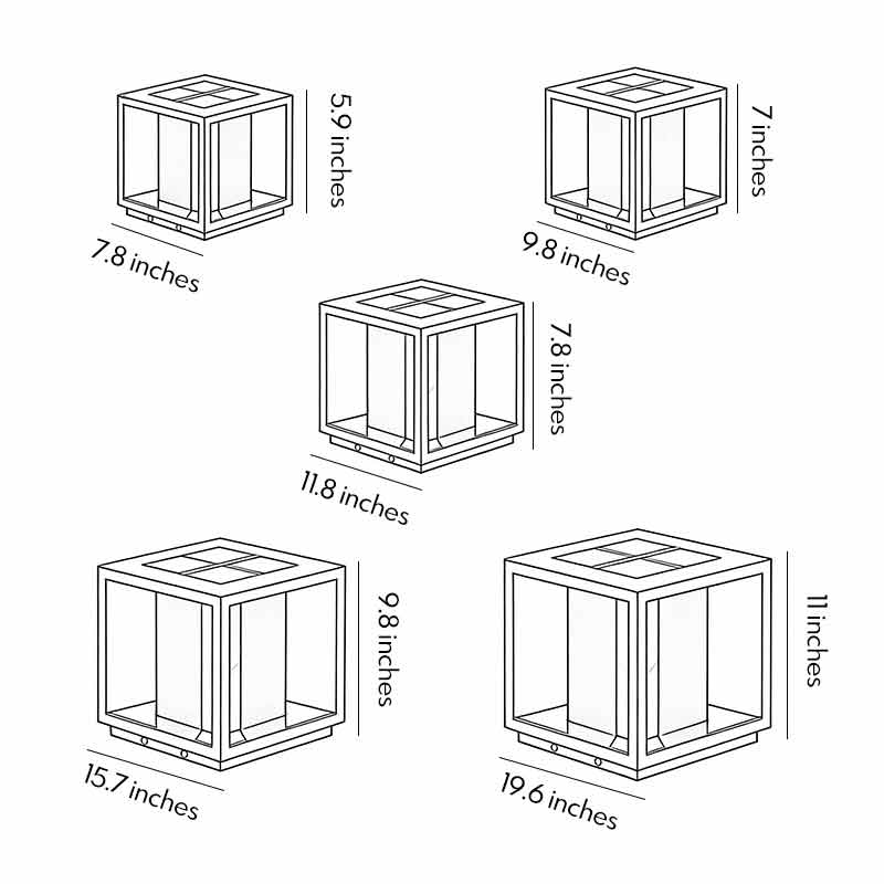 Product size diagrams for five different pillar lighting sizes.