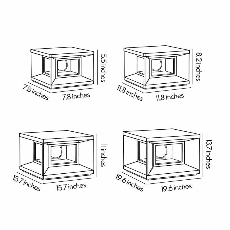 Dimensional diagrams for four different sizes of wall pillar lights