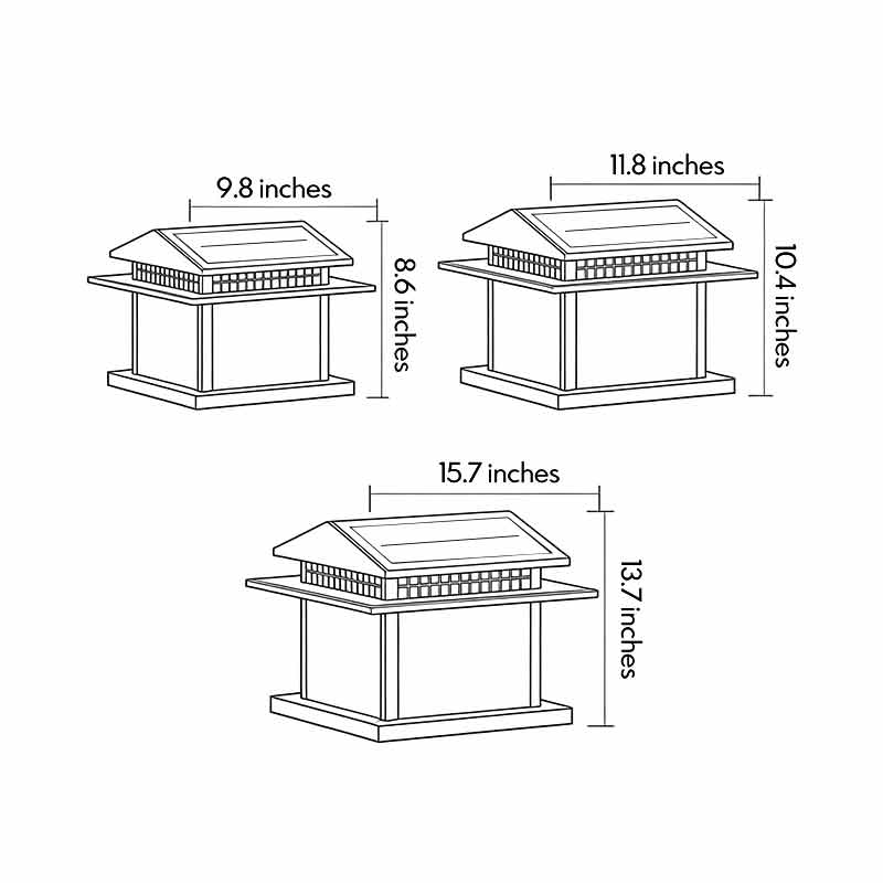 Product size chart for three different sizes of pillar lamp light.