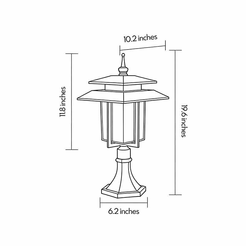 Plan view dimensions for large outdoor pillar lights 6.2inch * 11.8inch * 19.6inch.