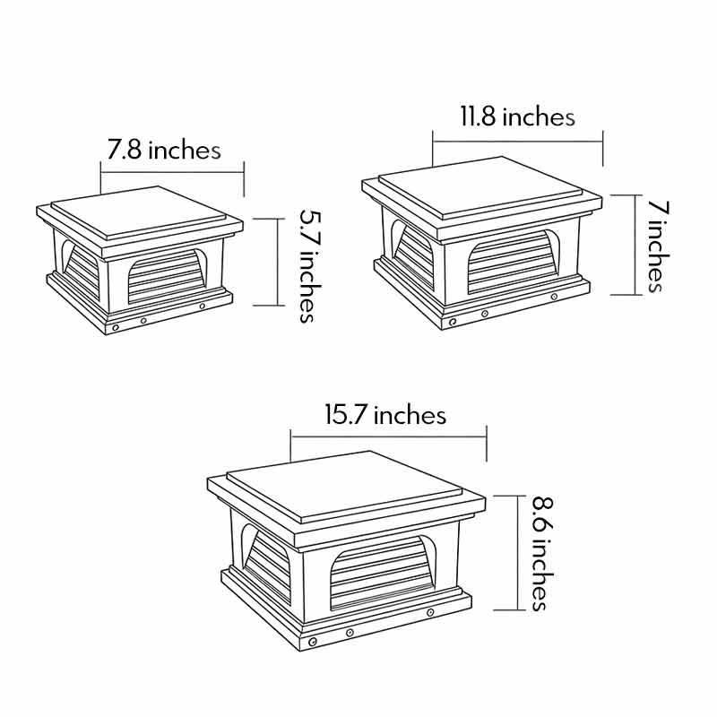 Product size chart for three different sizes of pillar light design outdoor.