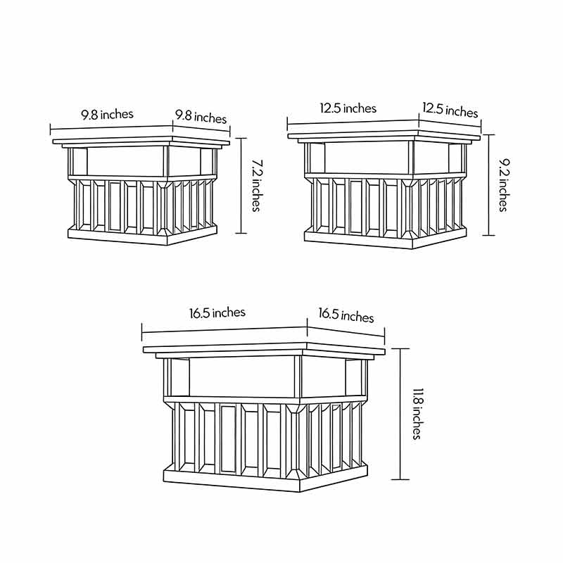 Product size chart for three different sizes of pillar lights for house.