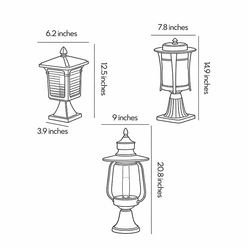 Product size diagrams for three different shapes of pillar lights for gates.