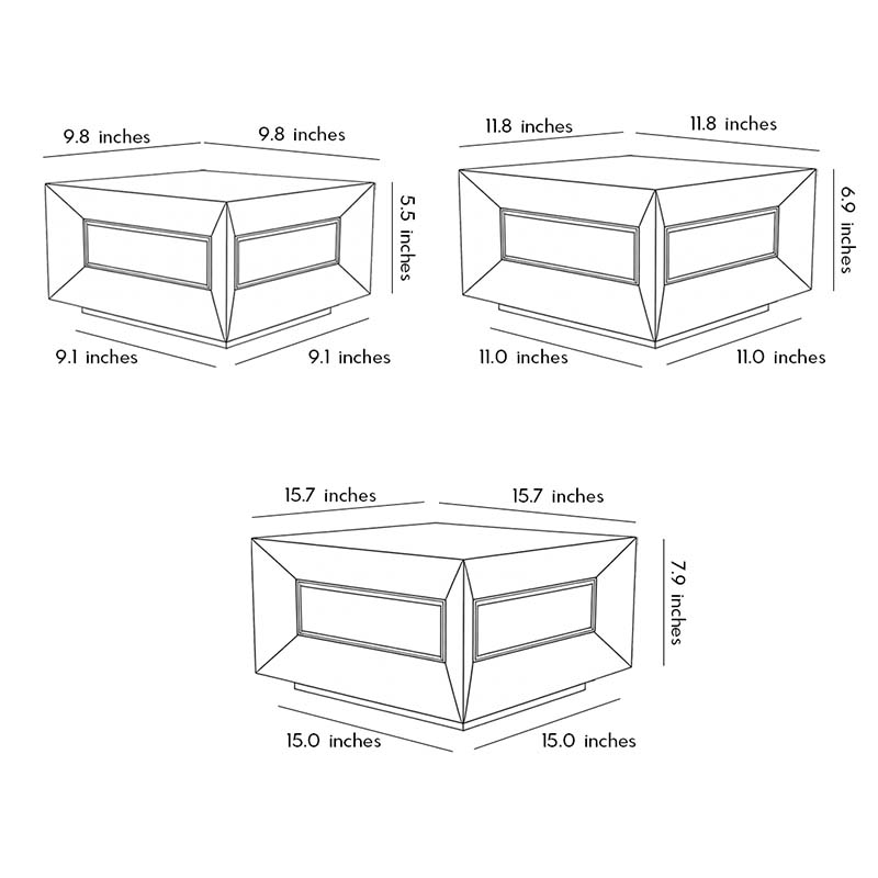 Dimensional drawings for three different sizes of square pillar lights.