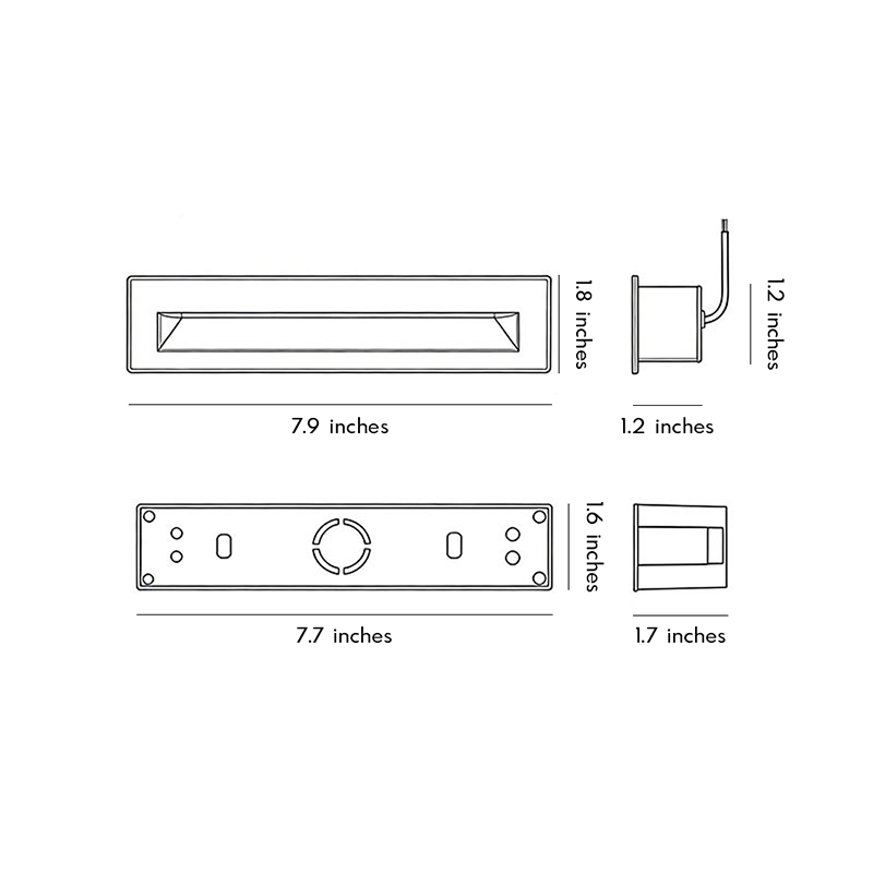 Dimensional drawings for deck lights designed for steps 7.7inch by 7.9inch.
