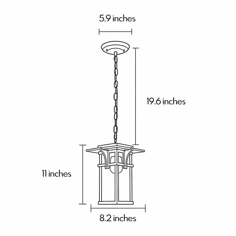 Dimensional diagrams for outdoor hanging ceiling light fixtures 11inch by 8.2inch by 19.6inch.