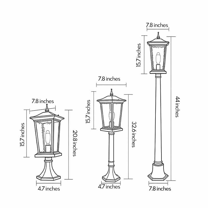 Dimensional diagrams showing three different heights for outdoor driveway pillar lights.