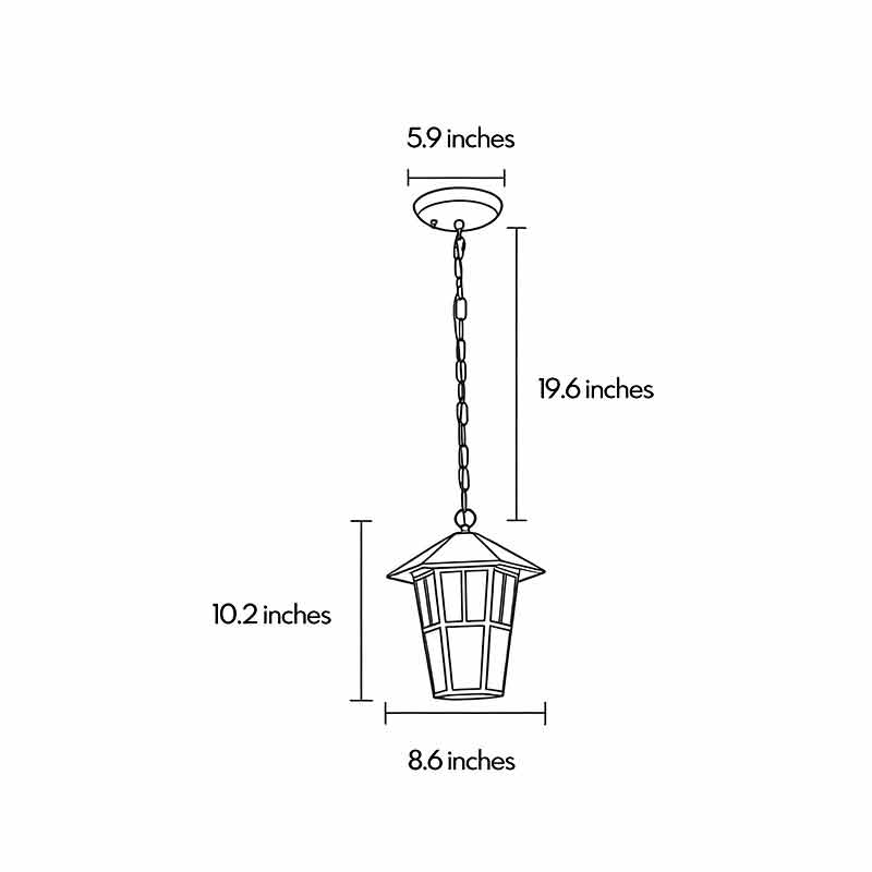Dimensional drawing for the hanging outdoor light 8.6inch by 10.2inch by 19.6inch.