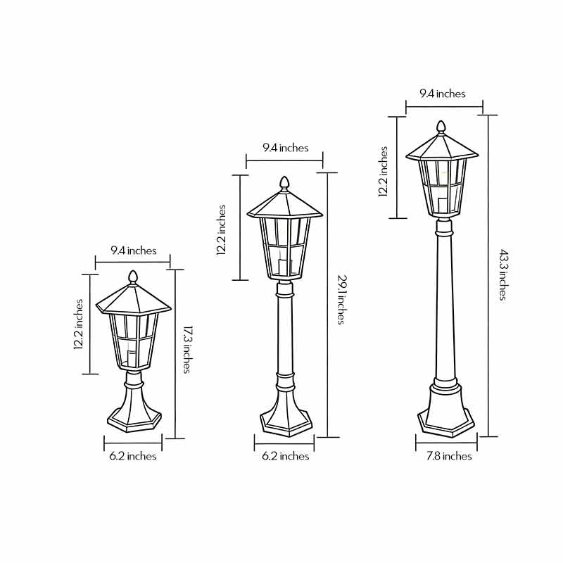 Dimensional diagrams for outdoor landscape path lighting at three different heights.