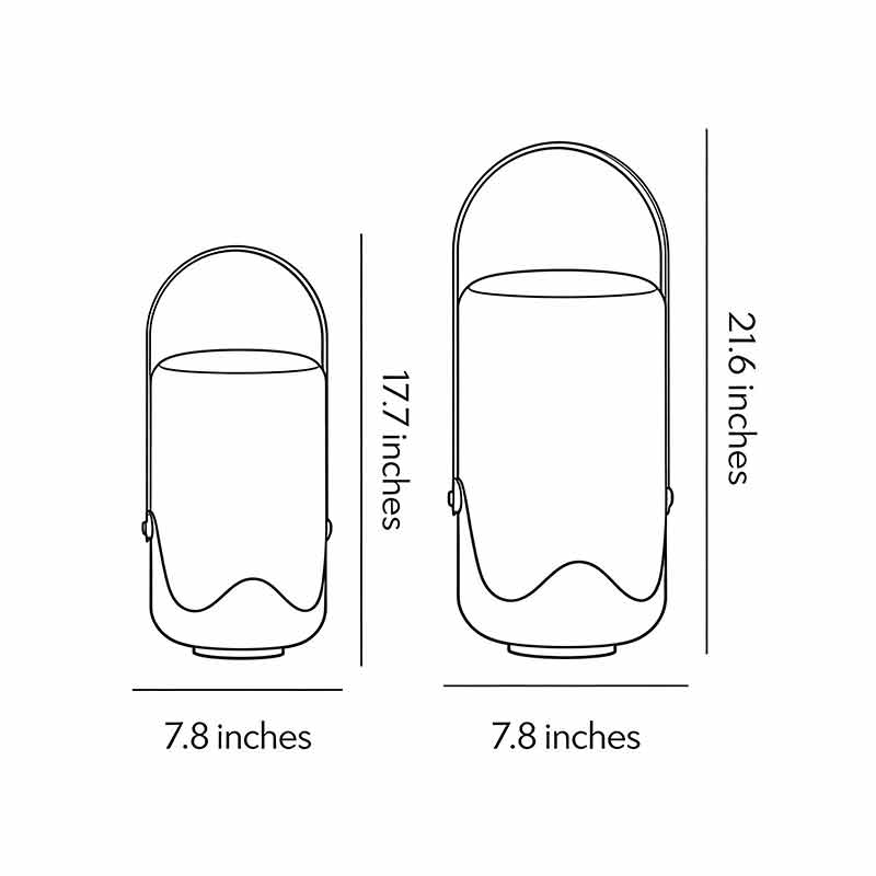Dimensional diagrams for two different sizes of portable solar lanterns.
