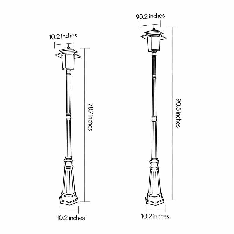 Dimensional drawings of the decorative street light in two different heights.