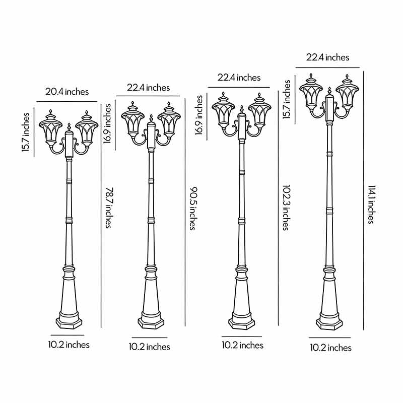 Dimensional drawings for outdoor street lights at four different heights.