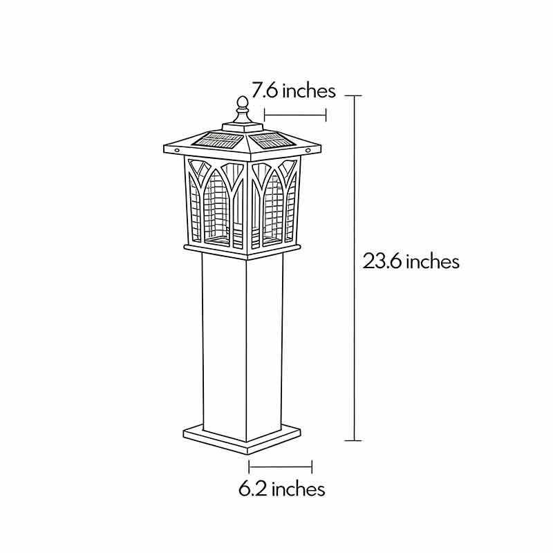 Product dimensions diagram for solar bollard lights 6.2inch by 23.6inch by 7.6iinch.