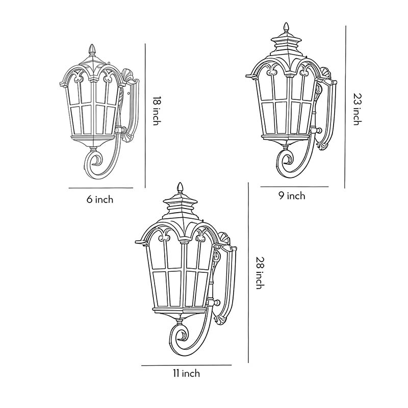 Product dimension diagrams for the outdoor black sconce in three different lengths.