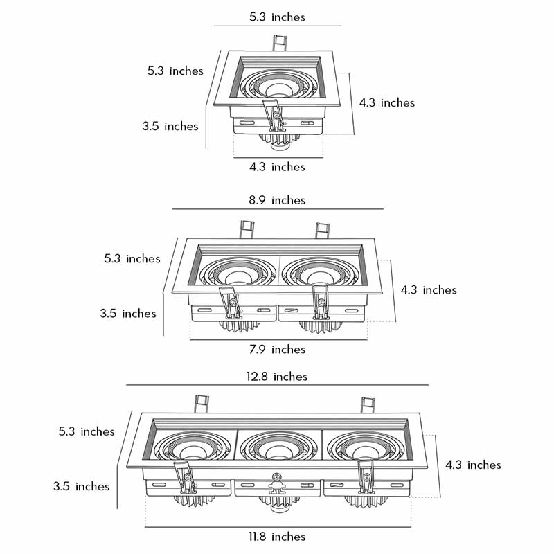 Product dimension diagrams for three different sizes of LED indoor spotlights.