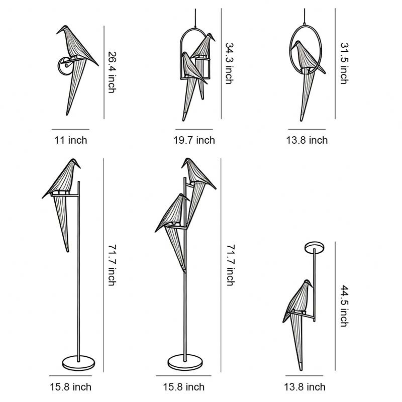 Dimensional drawings for six different specifications of the Bird Wall Light.