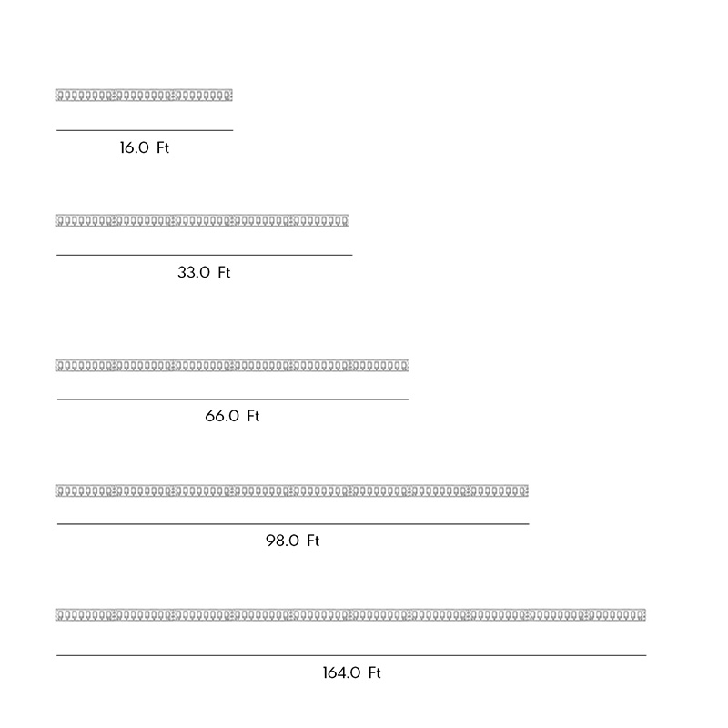 Product dimension diagrams for six different lengths of waterproof LED light strips.