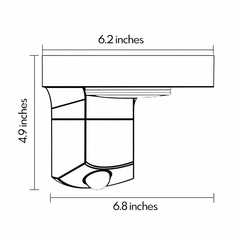 Product dimension diagrams for outdoor solar wall-mount lighting 6.8inch by 4.9inch by 6.2inch.