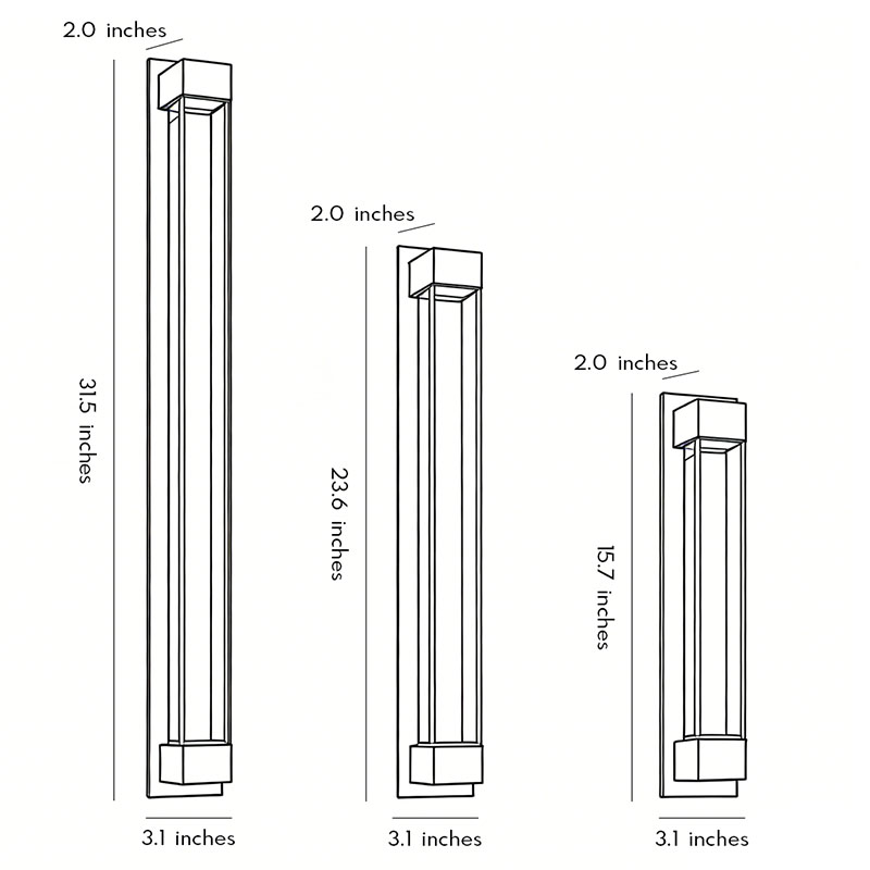 Dimensions of three different heights of the led wall sconce outdoor.