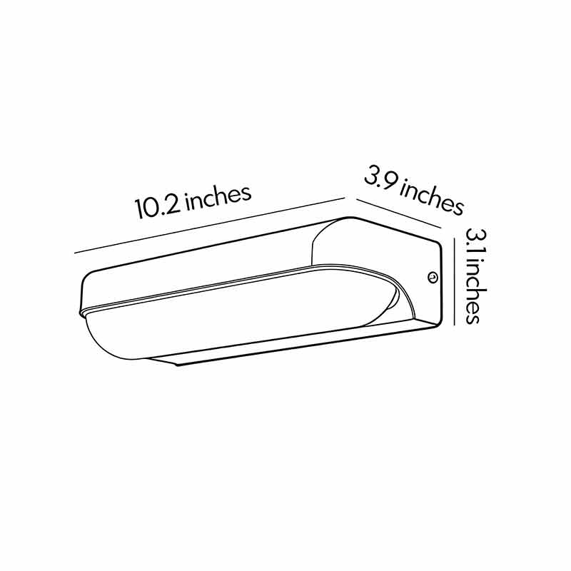 Product dimension diagrams for outdoor wall lighting fixtures 10.2inch by 3.9inch by 3.1inch.