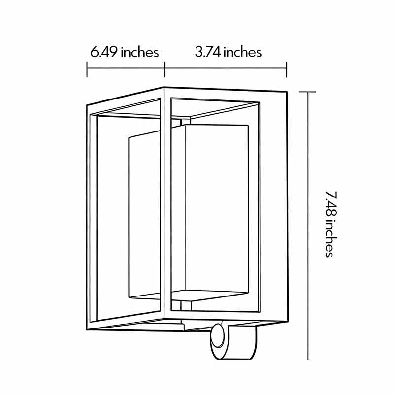 Product dimension diagrams for solar outdoor wall-mounted lights 6.49inch by 3.74inch by 7.48inch.